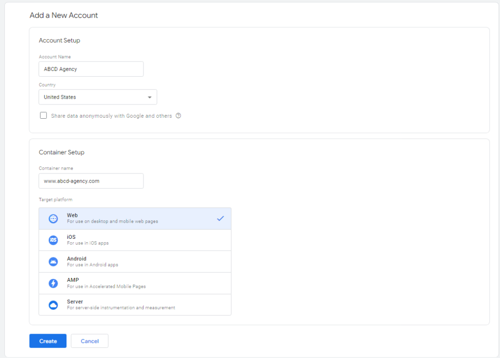 Account and container setup - google tag manager