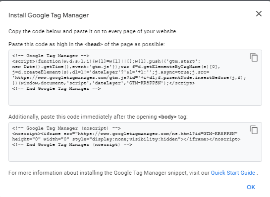 Google tag manager codes - head and body